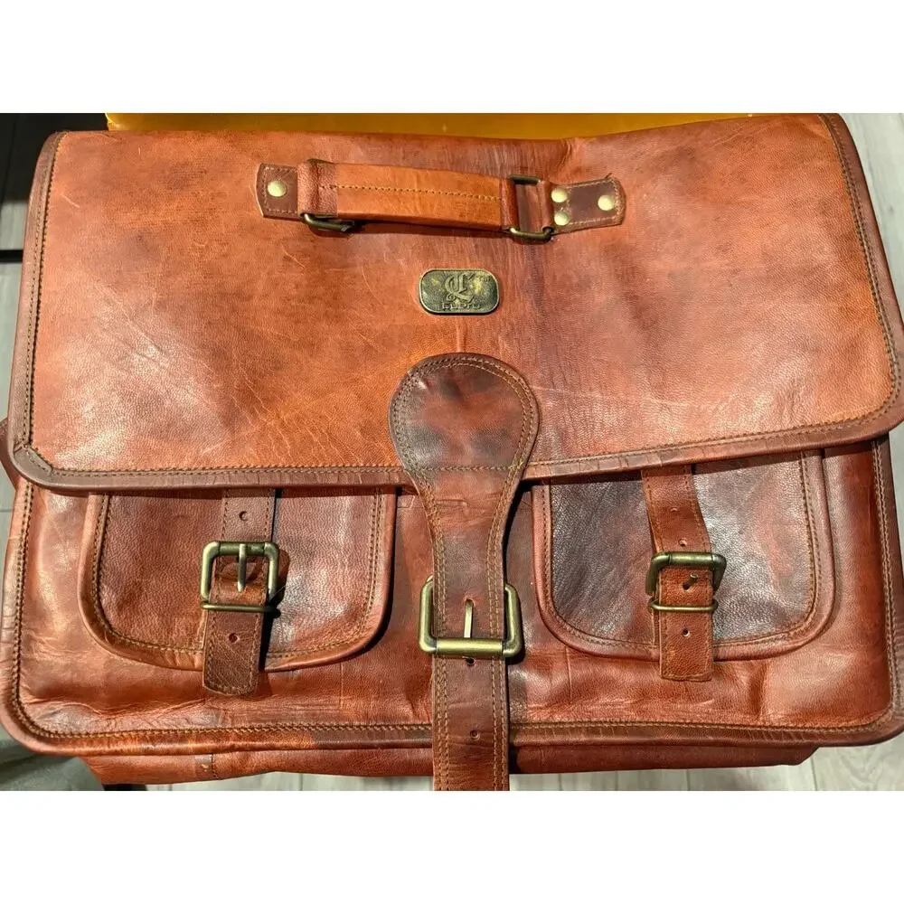 Men's Brown Messenger Bag Buckle Closure Crossbody Strap Lined Pockets